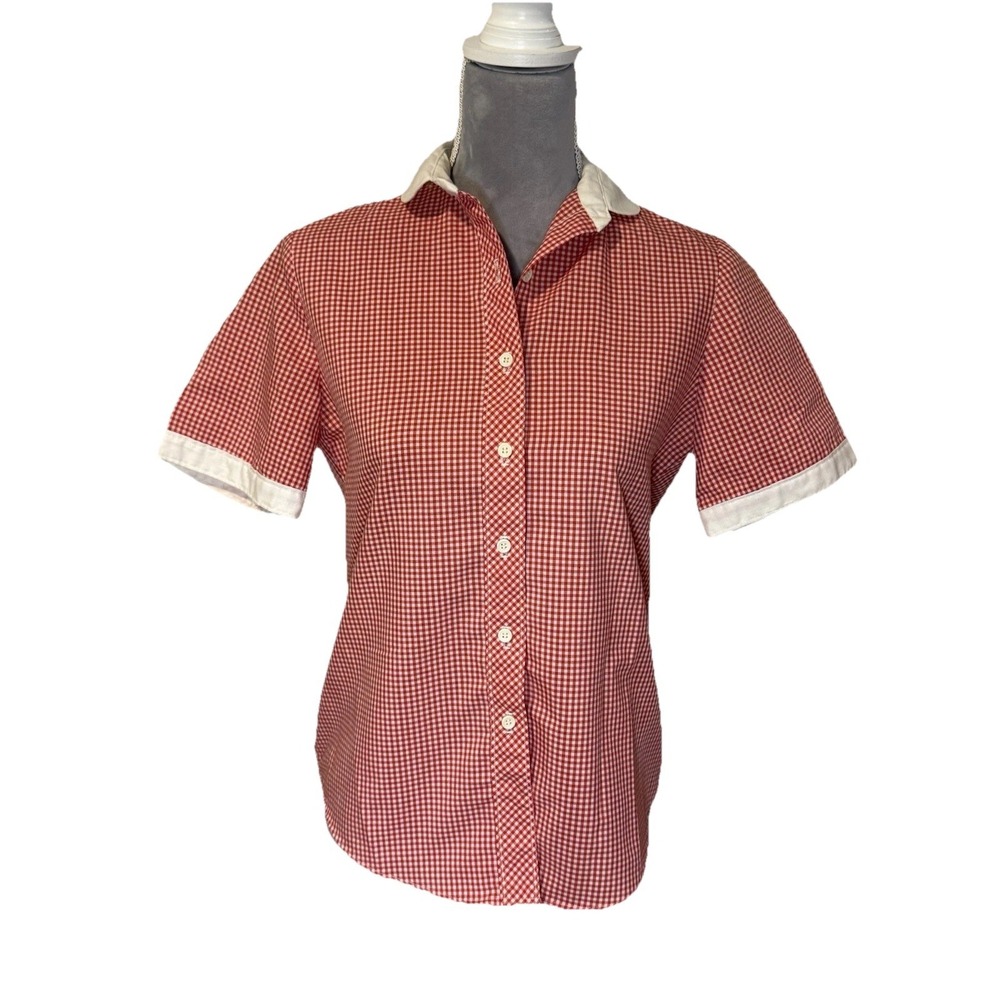 Vintage 70s 80s Shapely Brand Red & White Gingham Top Shirt Button up Women 10